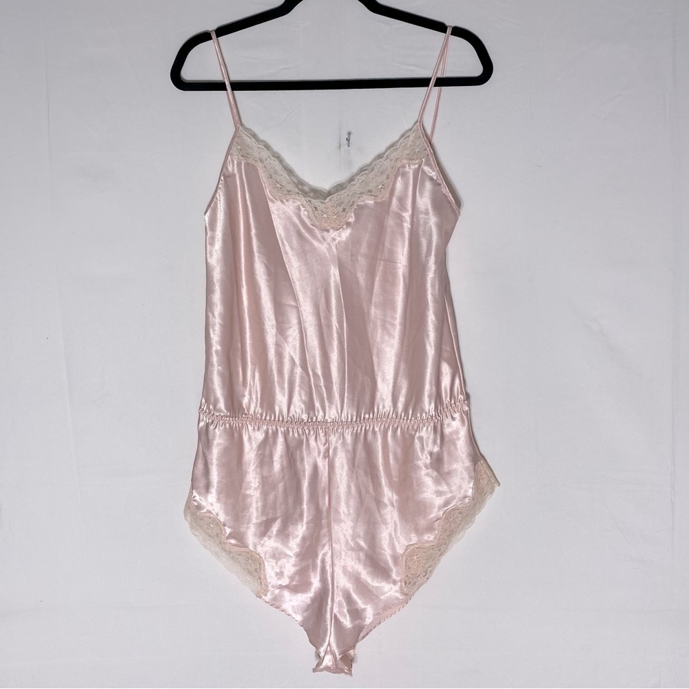 Vintage The Bay Pale Pink Satin Teddy Romper W Lace Trim Lingerie Bodysuit M